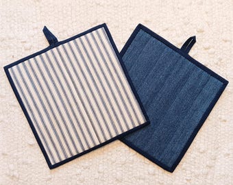 Upcycled Ticking & Denim Quilted Pot Holders - Set of 2