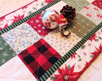Christmas Table Runner Quilted: Handmade Patchwork Poinsettias, Farmhouse Decor (38.5 x 13.5)