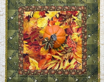 Quilted Table Topper 13.75” x 13.75” Fall Leaves Harvest Pumpkin