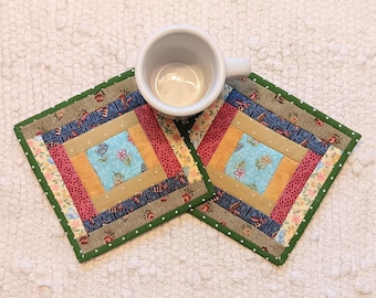 Quilted Mug Rug Coasters: Handmade Floral Patchwork, Set of 2 (6.5" Square)
