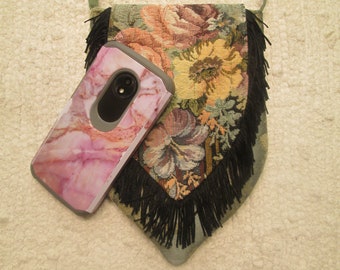 Upcycled Upholstery Tapestry Fringe Small Crossbody Bag Cell Phone Cottagecore Boho Gypsy Hippie Vegan