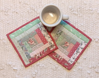 Handmade Quilted Mug Rugs: Farmhouse Floral Log Cabin, Set of 2 (6.25" Square)