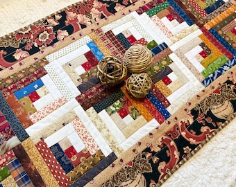 Quilted Table Runner, 37" x 17" Log Cabin Rustic Farmhouse Country