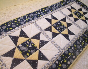 Quilted Table Runner 15.25 x 34.5 Topper Spring Blue Yellow Scrappy Country Farmhouse Cottage Chic Ohio Star