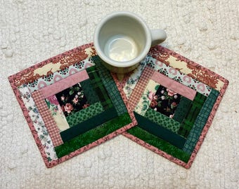 Handmade Floral Log Cabin Quilted Mug Rugs: Farmhouse, Set of 2 (6.5" Square)