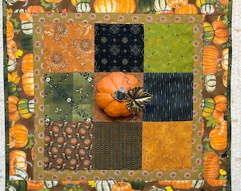 Fall Quilted Table Topper: Patchwork Pumpkins Farmhouse Rustic (16” Square)
