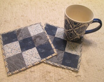 Quilted Fabric Mug Rugs Coasters Handmade Country Farmhouse Scrappy Patchwork Blue