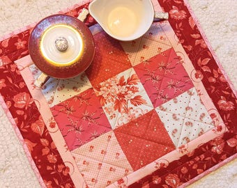 Quilted Table Topper: Handmade Floral Patchwork Farmhouse, 15.5" Square