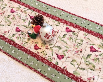 Quilted Table Runner 12 x 27.5 Topper Christmas Winter Birds Handmade