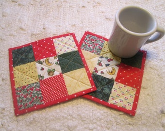 Quilted Fabric Mug Rugs Coasters Handmade Spring Summer Country Farmhouse Scrappy Cherries Patchwork