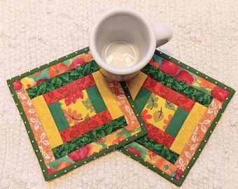Quilted Mug Rugs 6.5&quot; Coasters Set of 2 Log Cabin Courthouse Steps Summer Fall Bright Leaves