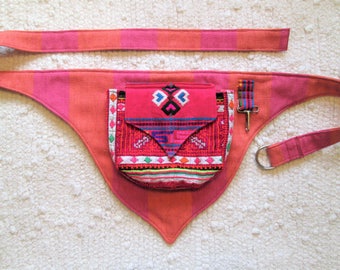 Festival Pocket Utility Belt Burning Man Tribal Fanny Pack Upcycled Guatemalan Fabric Pink