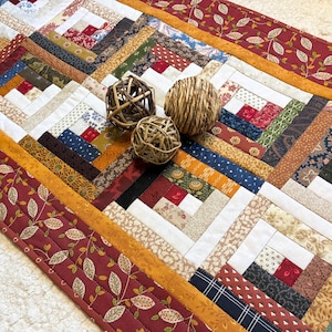 Quilted Table Runner Topper Log Cabin Scrappy Handmade Primitive Rustic Farmhouse, 36.5" x 16.5"