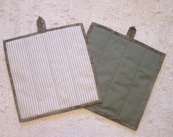 Quilted Pot Holders Set: Upcycled Ticking Fabric, Rustic Farmhouse Style