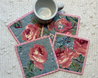 Quilted Upcycled Fabric 5.75" Mug Rugs Upcycled Coasters Handmade Floral Set of 2