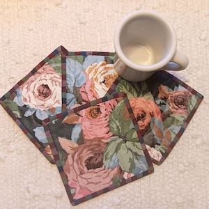Quilted Upcycled Fabric Mug Rugs 5.5" Coasters Spring Summer Handmade Set of 2 Botanical Vintage Chintz Shabby Chic Cottagecore Farmhouse