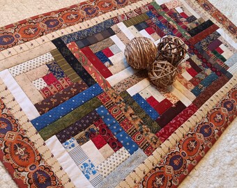 Quilted Log Cabin Table Runner 15 x 25.5 Topper Handmade Scrappy Primitive Rustic Farmhouse Country Cottage Chic