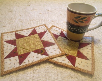 Quilted Fabric Mug Rugs Coasters Handmade Primitive Farmhouse Country Rustic Star Cottage Chic Patchwork Set of 2