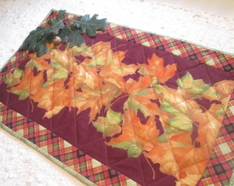 Handmade Quilted Table Topper Runner 24 x 14.5 Fall Autumn Leaves Thanksgiving Farmhouse Rustic Cottage Chic