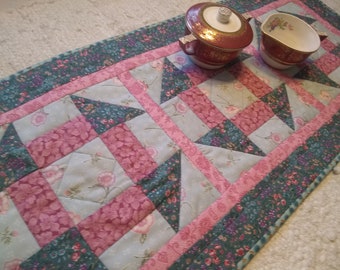 Quilted Table Runner 31.75 x 13.75 Topper Handmade Spring Floral Country Cottage Chic Farmhouse Vintage Inspired