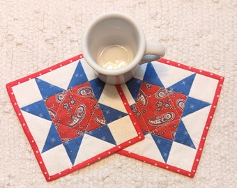 Quilted Mug Rugs Coasters Set of 2 Patriotic Star 4th of July Handmade Americana Paisley