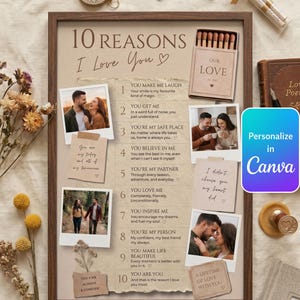 Puede incluir: Una impresión enmarcada con el texto "10 Razones por las que te amo" y fotos. La impresión incluye una caja de cerillas, una brújula y notas manuscritas. Las fotos muestran parejas.
