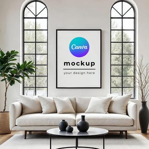 Modern Living Room Wall Art Canva Mockup Template, Black Frame Between Arched Windows, Minimal Scandinavian Interior Design Digital Template