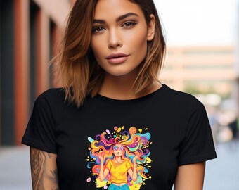 Puede incluir: Camiseta negra con un gráfico colorido de una persona con cabello suelto y gafas. El gráfico incluye tonos de amarillo, azul, morado y naranja. La persona del gráfico lleva una camisa amarilla y vaqueros azules.