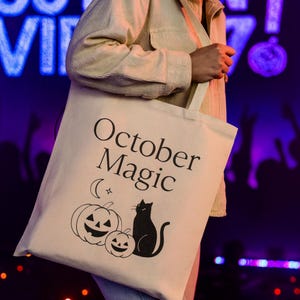 Spooky Halloween Pumpkin Tote Bag, Eco-Friendly Cotton Bag, Fall Decor, Cat & Pumpkin Design, Trick or Treat Tote, Autumn Vibes