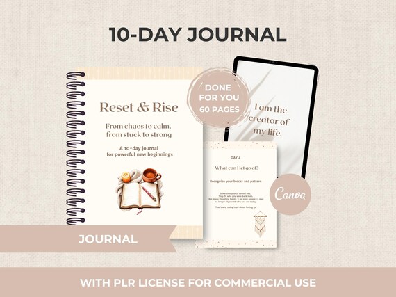 Reset & Rise 10 Day Journal with PLR: Editable Canva Template | Mindset, Clarity, Self-Discovery, Healing, Inner Growth | Coaching Workbook