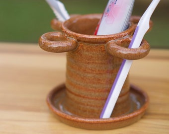 Porte-brosse à dents en poterie, glaçure cuivrée