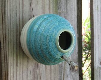 Pottery Birdhouse  bottle for wrens finches and chickadees  In Turquoise/white Glaze**READY TO SHIP