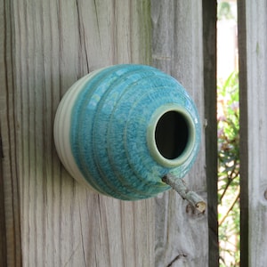 Pottery Birdhouse bottle for wrens finches and chickadees In Turquoise/white GlazeREADY TO SHIP image 1