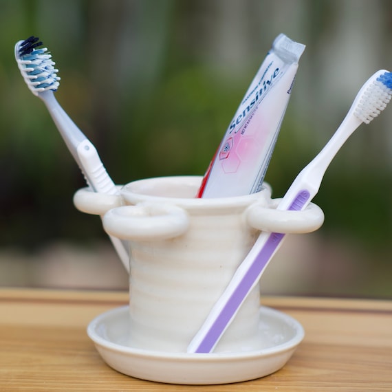 Pottery Toothbrush Holder in White Glaze
