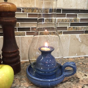 Pottery Oil Lamp in Deep Blue with globe**READY TO SHIP