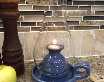 Deep Blue Pottery Oil Lamp with Beaded Globe