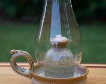 Handmade Pottery Oil Lamp: Golden Brown Glaze, Beaded Globe