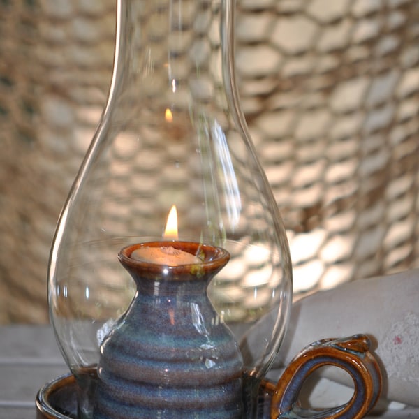 Pottery Oil Lamp in Opal Glaze with globe**READY TO SHIP