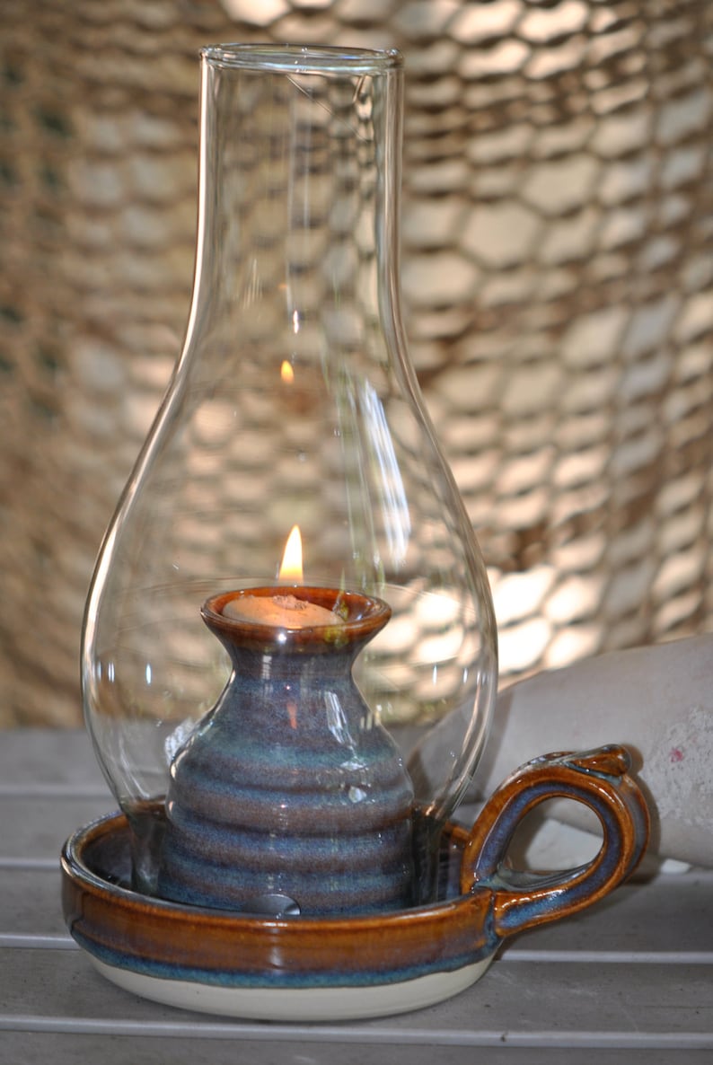 Pottery Oil Lamp in Opal Glaze with globe**READY TO SHIP