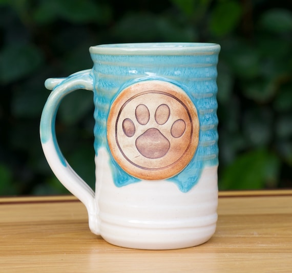Handmade Paw Print Stoneware Coffee Mug, Turquoise Glaze (16 ounce)