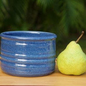 May include: A handmade, blue ceramic bowl with a textured, ridged design. A ripe, green pear with a brown stem sits next to the bowl on a wooden surface. The background is a blurred green.
