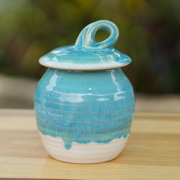 Pottery Sugar Bowl/Honey Jar in  Turquoise glaze