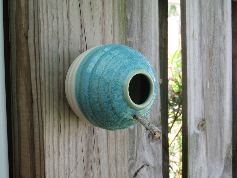 Pottery Birdhouse bottle for wrens finches and chickadees In Turquoise/white GlazeREADY TO SHIP image 1