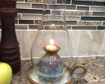 Pottery Oil Lamp in Brown Glaze with globe**READY TO SHIP