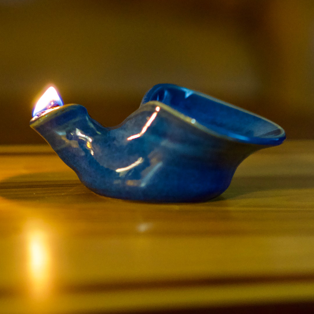 Pottery Olive Oil Lamp in Blue Glaze READY TO SHIP Etsy