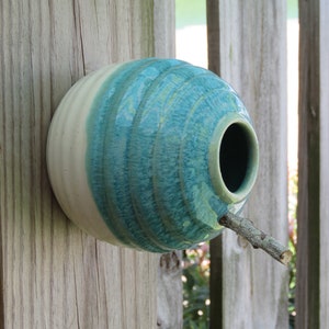 Pottery Birdhouse bottle for wrens finches and chickadees In Turquoise/white GlazeREADY TO SHIP image 2