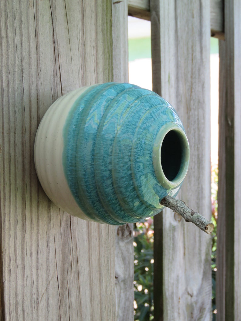 Pottery Birdhouse bottle for wrens finches and chickadees In Turquoise/white GlazeREADY TO SHIP image 2