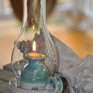 Pottery Oil Lamp in Turquoise with globe***READY TO SHIP