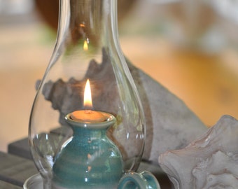 Turquoise Pottery Oil Lamp with Glass Globe, Stoneware