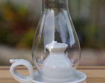 White Pottery Oil Lamp with Beaded Globe